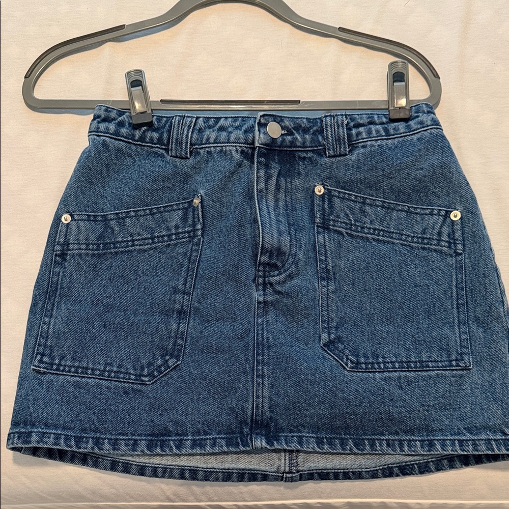 High-Rise Dark Blue Denim Mini Skirt with Front Patch Pockets